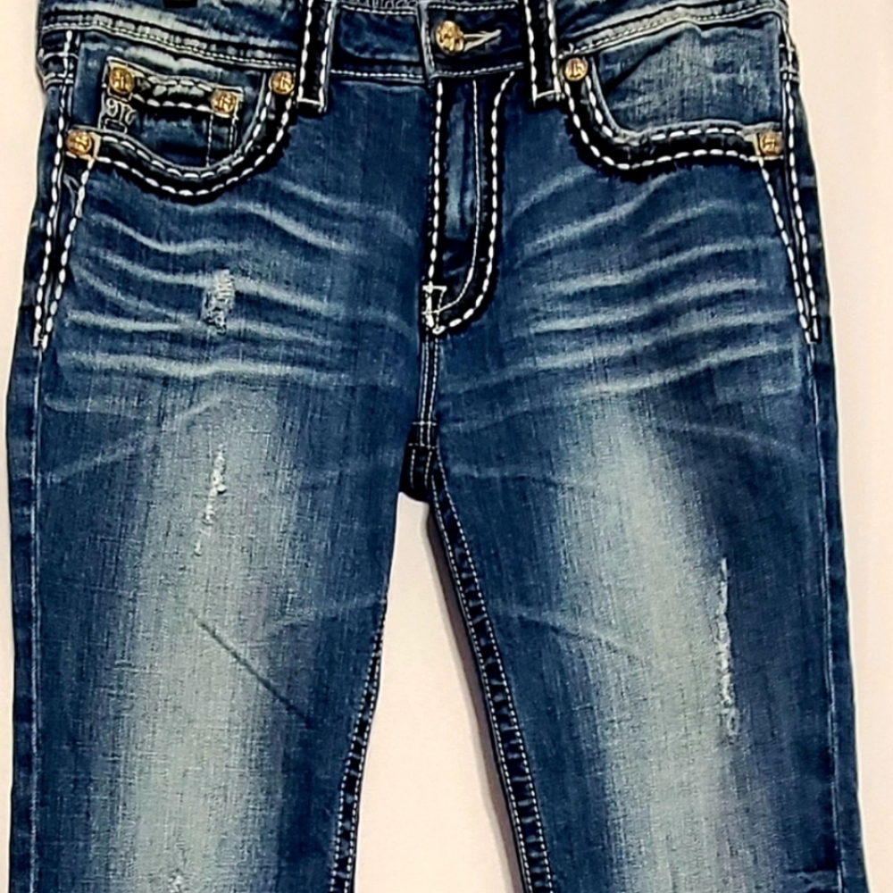 Miss Mee 27” Waist, 21" Inseam Mid-rise Thick White Stitching & Gold Beaded Stud